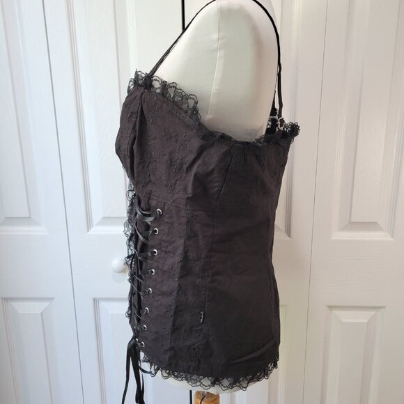 TRIPP NYC Hot Topic Skull Embroidery Zip-Up Black Ruffle Lace Corset Top sz XL - Picture 2 of 9